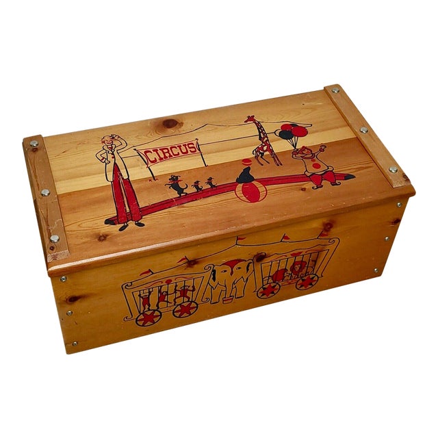 1950s Child's Wooden Toy Chest with Circus Clowns Big Top Lions Monkey