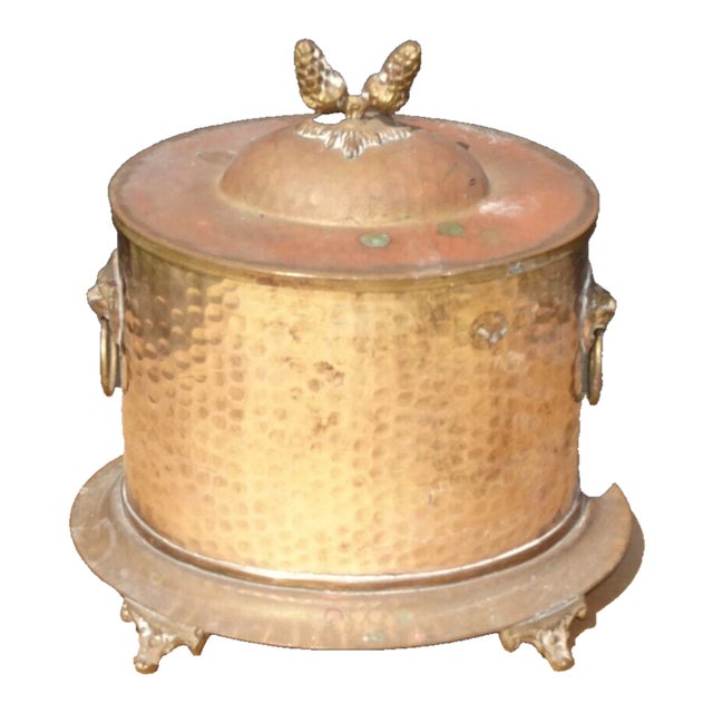 Vintage Brass Container W Lid and Acorn Motif, Lion Head Accent, Hammered Center For Sale