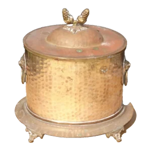Vintage Brass Container W Lid and Acorn Motif, Lion Head Accent, Hammered Center