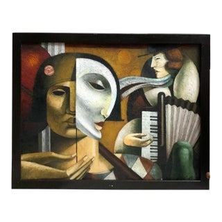 Late 20th Century Painting Surrealist Original Oil on Canvas Signed C. Parks Vintage Cubist Art For Sale
