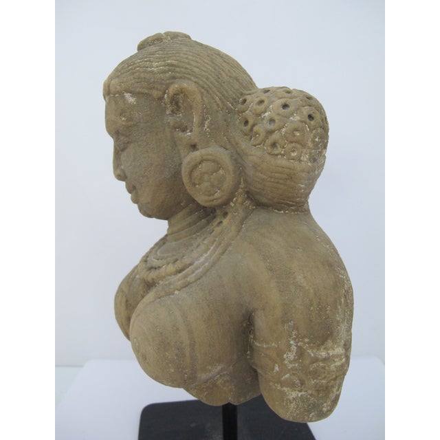 Stone Apsara Celestial Deity Carved Stone India Hindu Bust Sculpture Statue on Stand For Sale - Image 7 of 12