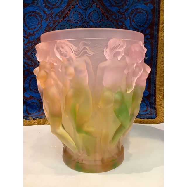 Green 1950s Vintage XL Crystal Heavy Glass Art Vase, Green Pink Ombré Naked Ladies For Sale - Image 8 of 13