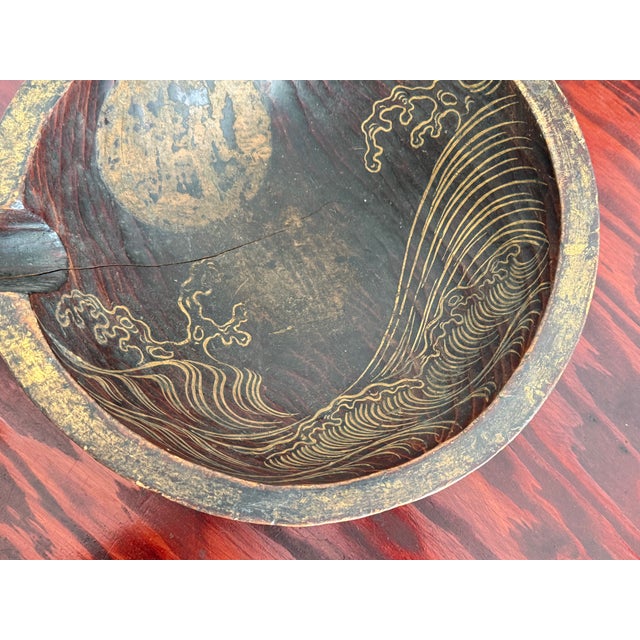 Vladimir Kagan Vintage Japanese Style Carved Wood Lacquer Spouted Bowl With Wave and Moon For Sale - Image 4 of 6
