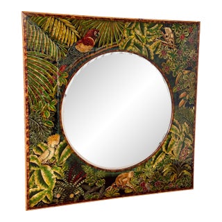 Tropical Regency Mosaic Mirror With Hand-Painted Jungle Motif & Salvaged Rattan Trim For Sale