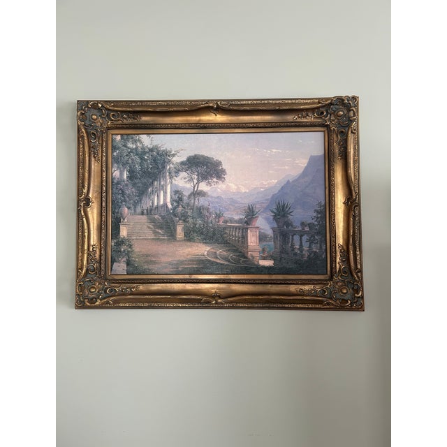 Gorgeous Ornate Framed Vintage Textured Canvas Italian Balcony Scene. Reproduction on Textured Canvas of A Loggia on Lake...