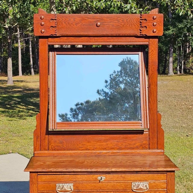 Antique Quarter-Sawn Oak Dresser With Mirror & Key, Eastlake / Mission Influence (C. 1900-1910) For Sale - Image 6 of 12