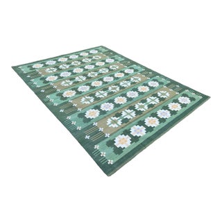 Handmade Cotton Rug, Natural Vegetable Dyed Green and Cream Geometric Rug - 12'x15' For Sale