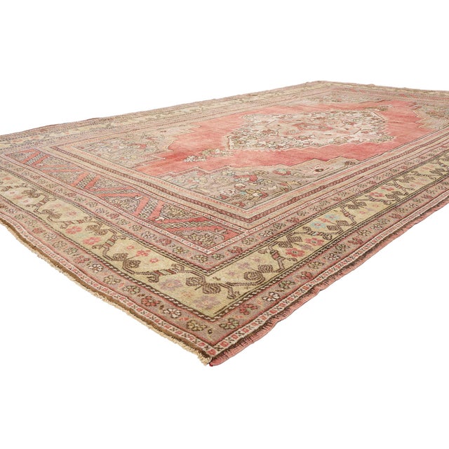 54118 Vintage Turkish Oushak Rug, 07'03 x 12'06. The Anatolian Ember: A Vintage Turkish Oushak Masterpiece of Refined...