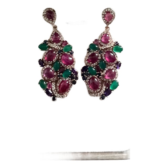 Bochic “Orient” Ruby, Green Agate & Amethyst Earrings Set In 18K Gold & Silver For Sale
