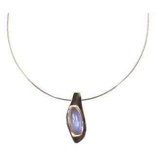 Late 20th Century Magnificent Blue Agate Cabochon in Handcrafted Sterling Silver Pendant For Sale