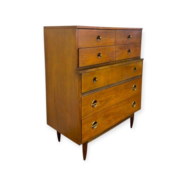 Vintage Mid Century Modern American Walnut Tallboy 5 Drawer Dresser For Sale - Image 10 of 10
