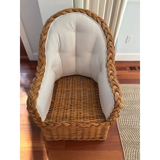 1960s Vintage Cottage Wicker Braided Rattan Arm Chairs With New Upholstery - Set of 2 For Sale - Image 4 of 10