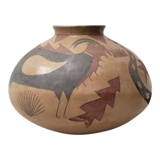 Mid 20th Century Primitive Tribal Clay Pottery With Hand Painted Birds, Snakes & Arrows For Sale