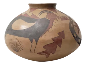 Mid 20th Century Primitive Tribal Clay Pottery With Hand Painted Birds, Snakes & Arrows