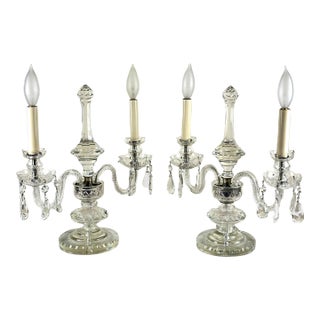Vintage Crystal Girandole Table Lamps Pair – French Regency Candelabra Lamps – 1930s Czechoslovakia For Sale