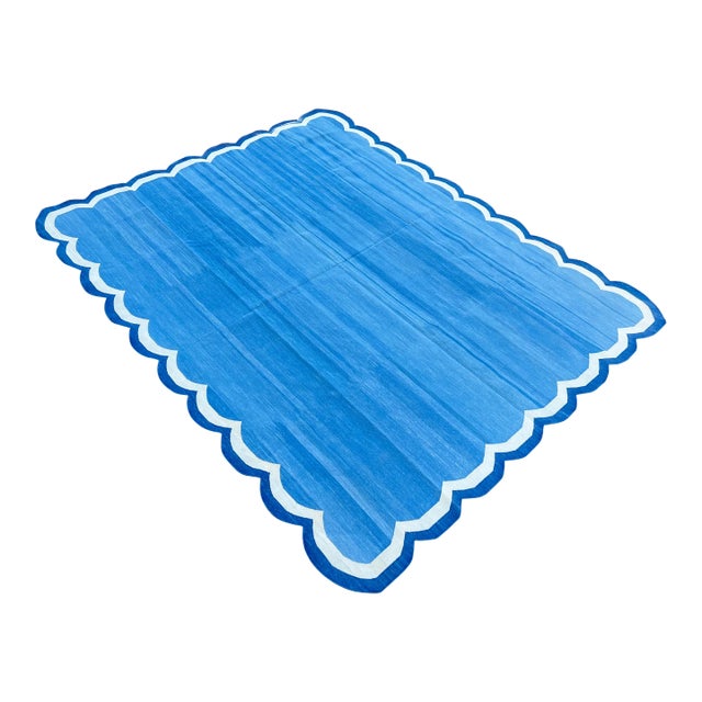 Handmade Cotton Area Scalloped Rug Blue, Cream, Indigo Blue Border Dhurrie - 5'x8' For Sale