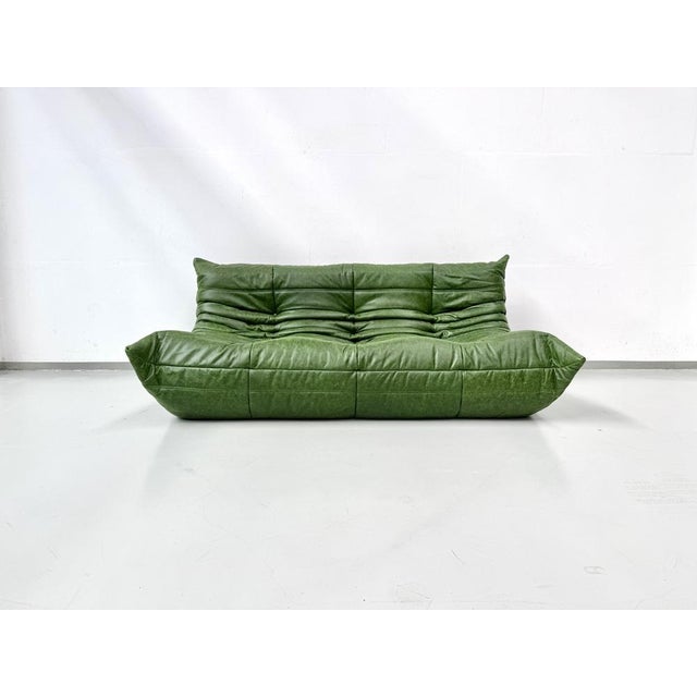 French Three-Seater Togo Sofa in Forest Green Leather attributed to Michel Ducaroy for Ligne Roset For Sale - Image 12 of 12