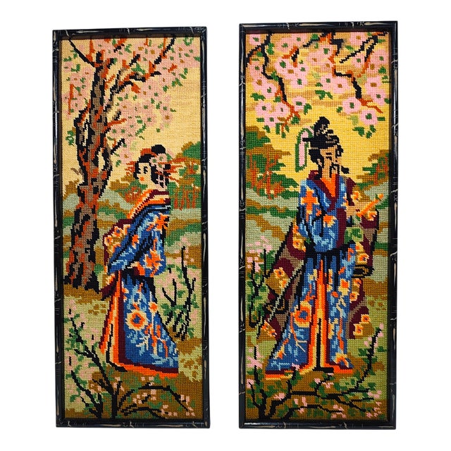 Spanish Hand-Embroidered Pictures, 1970s, Set of 2 For Sale