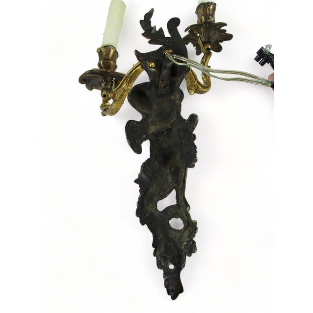 Late 19th Century French Bronze Double Candle Sconce Electrified Louis XV Style Gilt Bronze Cherub Ormolu Dore Antique For Sale - Image 10 of 12