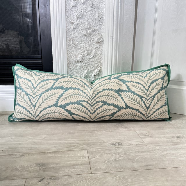 Not Yet Made - Made To Order Aqua / Aqua Green Leaf Print Down Filled 36” Pillow For Sale - Image 5 of 6