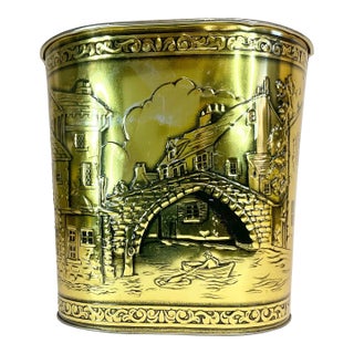 Mid-Century EnglishRustic European Wastebasket With Raised Village Scene For Sale