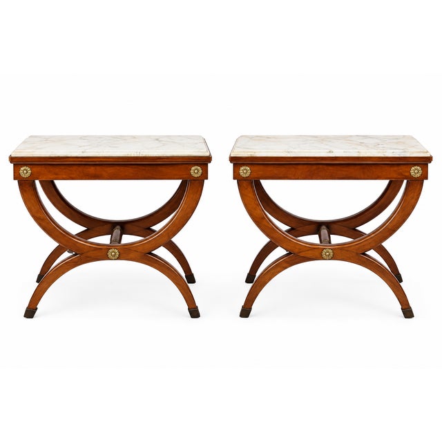 Brown Mid-Century Neo-Classical Klismos Style Walnut & Marble Side Tables or Stools - Pair For Sale - Image 8 of 8