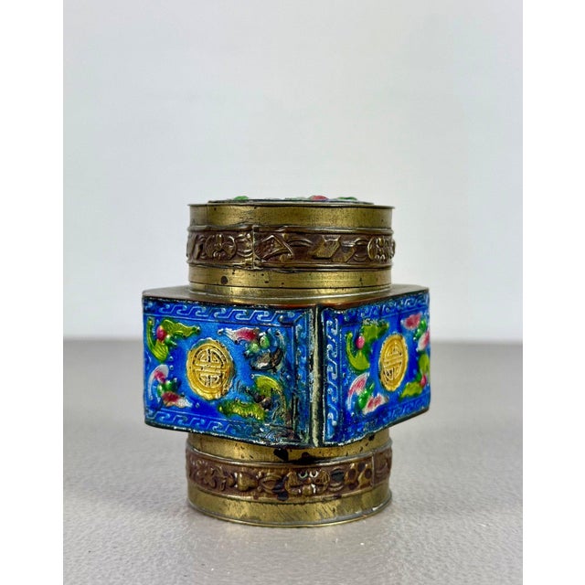 1930s Vintage Chinese Brass & Enamel Cloisonné Longevity Box For Sale - Image 5 of 5