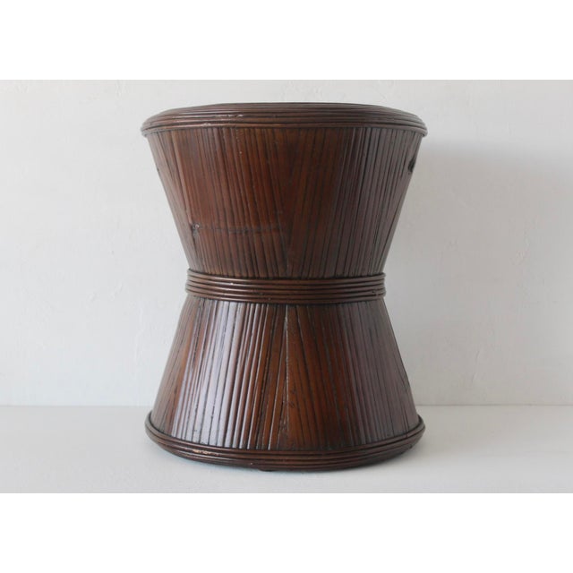 Mid-Century Modern Vintage Sculptural Dark Bamboo Rattan Hourglass Bowtie Pedestal Table For Sale - Image 3 of 15