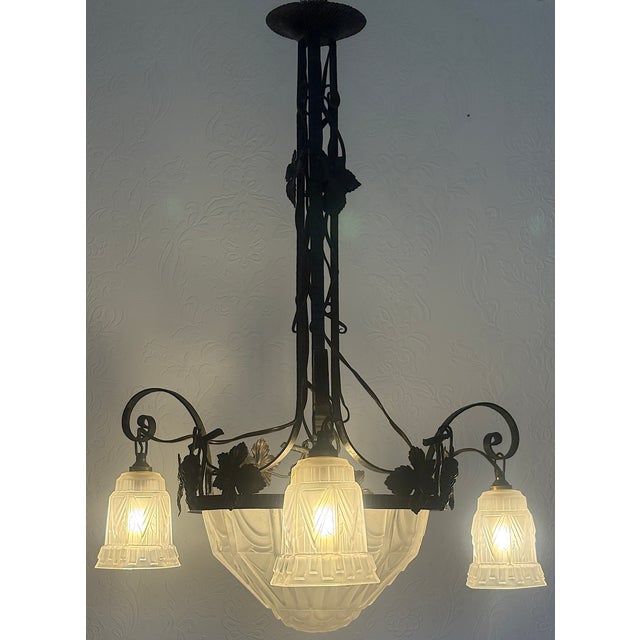 Black Antique French Art Nouveau Wrought Iron and Glass 4-Light Chandelier, 1930s For Sale - Image 8 of 14