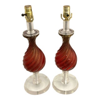 Mid 20th Century Red Italian Murano Glass Table Lamps - Set of 2 For Sale