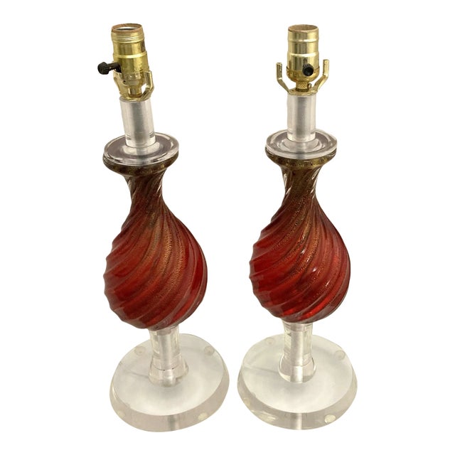Mid 20th Century Red Italian Murano Glass Table Lamps - Set of 2 For Sale