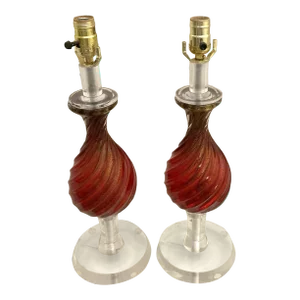 Mid 20th Century Red Italian Murano Glass Table Lamps - Set of 2