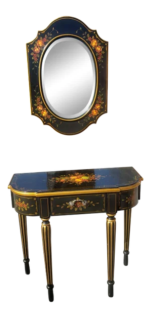 1980s Oriental Accent Hitchcock Style Console Table and Mirror