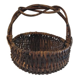 Vintage Woven Basket With Fixed Handle For Sale