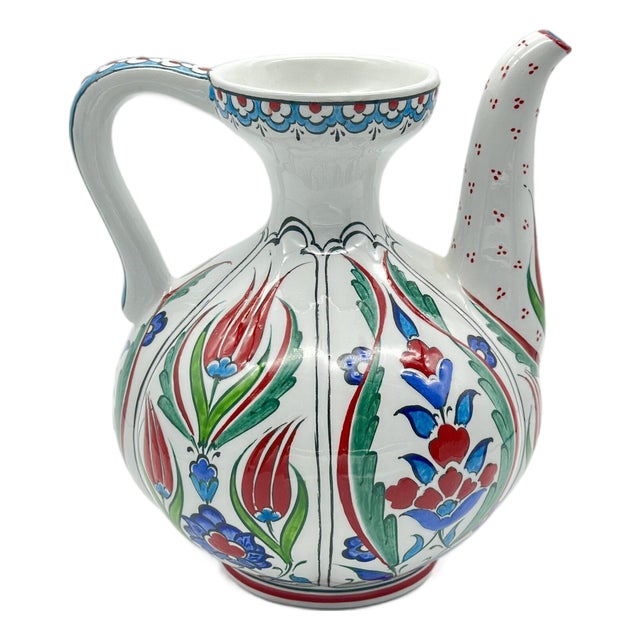 Handmade Ceramic Ewer (20cm) – Red Tulips & Floral Panels – Traditional Ibrik Form For Sale