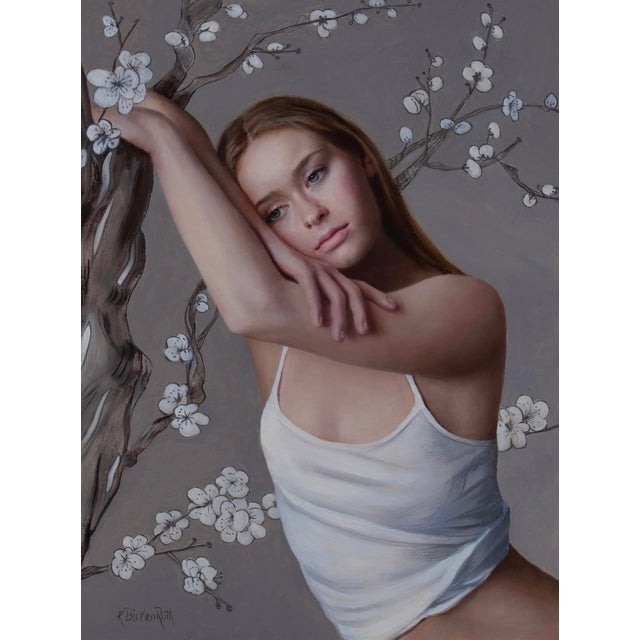 This artwork features a serene figure resting against a textured tree branch adorned with delicate blossoms, creating a...