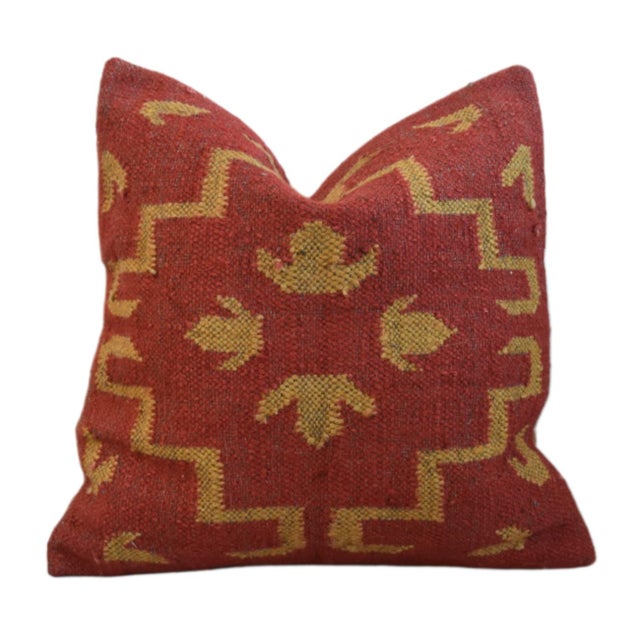 Abstract Beautiful Red and Gold Southwestern Handwoven Kilim Feather/Down Pillow For Sale - Image 3 of 7