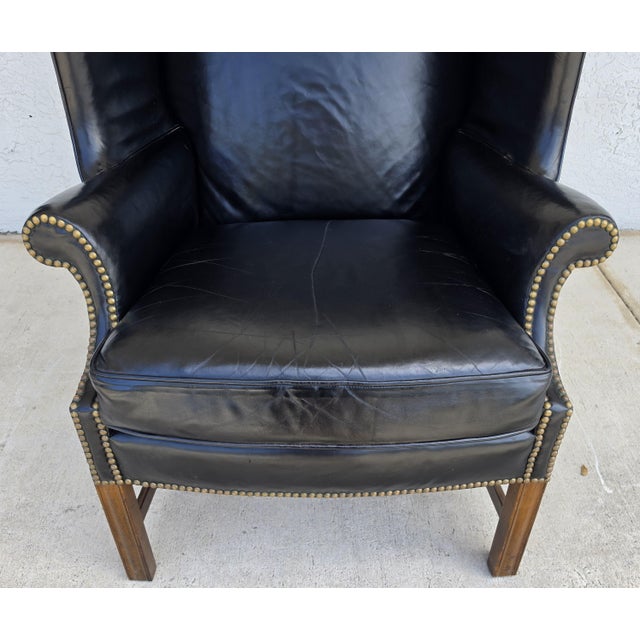 Black Classic Georgian Chippendale Black Leather Wingback Library Gentlemans Armchair For Sale - Image 8 of 16