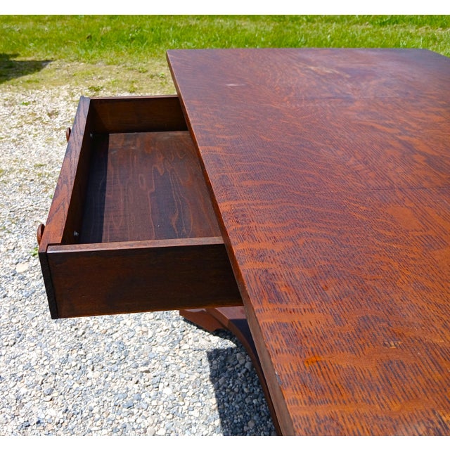 Wood Antique Mission Quarter Sawn Oak Double Pedestal Library Table 1920 For Sale - Image 7 of 17