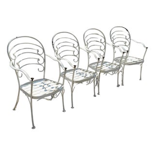 Late 20th Century Wrought Iron Scrolling Patio Dining Arm Chairs by Crown Leisure - Set of 4 For Sale