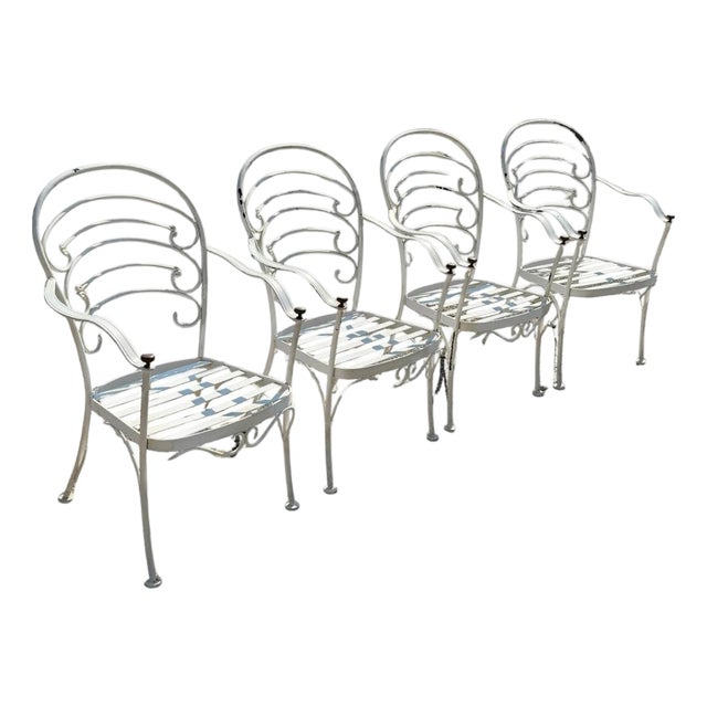 Late 20th Century Wrought Iron Scrolling Patio Dining Arm Chairs by Crown Leisure - Set of 4 For Sale