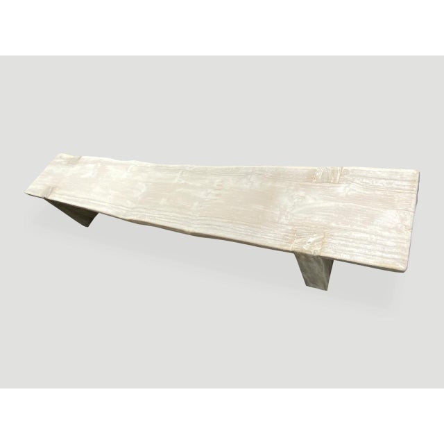 Impressive single 3.5” thick slab, reclaimed teak wood bench. We added the legs, bleached the wood and then finished with...
