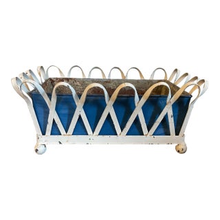 1930's White Painted Zinc Basketweave Cachepot Planter or Jardiniere With Blue Tole Liner on Ball Feet For Sale