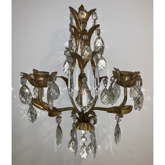 Early 20th Century Crystal and Painted Gold Leaf 2 Arms Candle Sconces - a Pair For Sale - Image 5 of 12