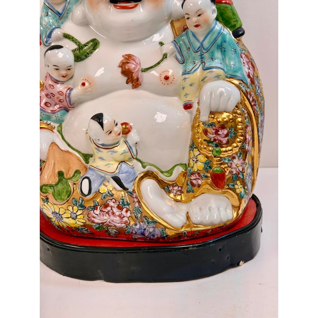 Vintage Large Hand Painted Ceramic Chinese Famille Rose Laughing Buddha on Laquered Base For Sale In Raleigh - Image 6 of 14