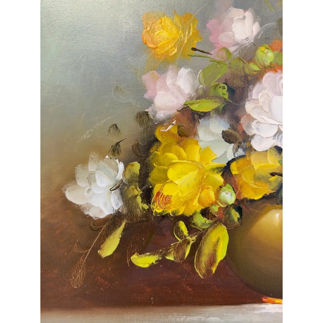 Yellow Still Life Oil on Canvas Painting of White and Yellow Roses, Signed For Sale - Image 8 of 10