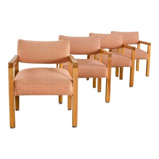 Modern Square Frame Oak Armchairs With Original Blush Textured Fabric, Set of Four For Sale