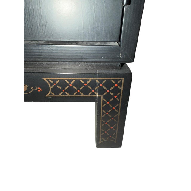 Vintage Chinoiserie Black Lacquer Cabinet Side Table — Hand-Painted Asian Landscape For Sale - Image 10 of 11