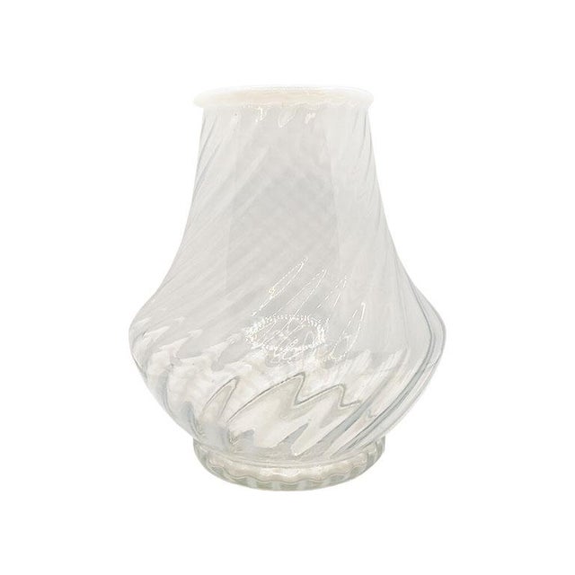 A small round opalescent white candy cane stripe Hobbs vase. With a translucent body, soft white stripes are decorated...