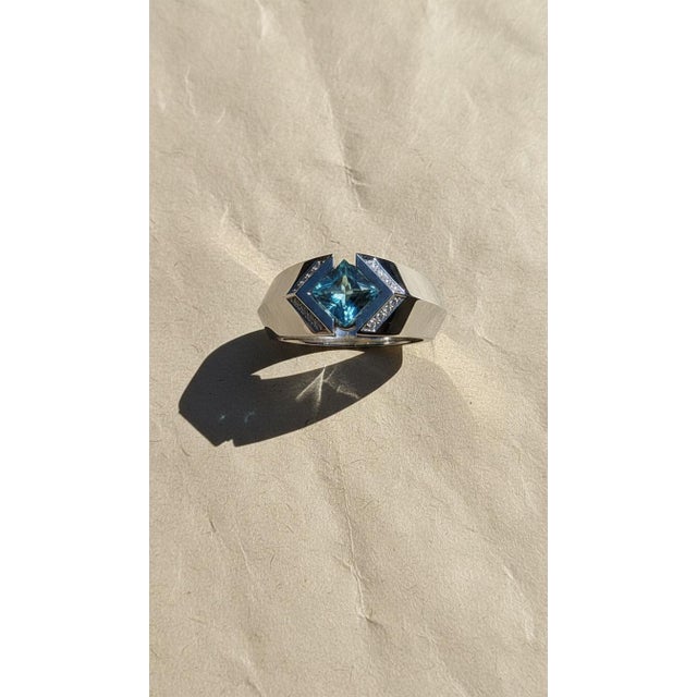 Square-Cut Blue Topaz Architectural Silver Cocktail Ring, Size 7.5 For Sale - Image 6 of 8